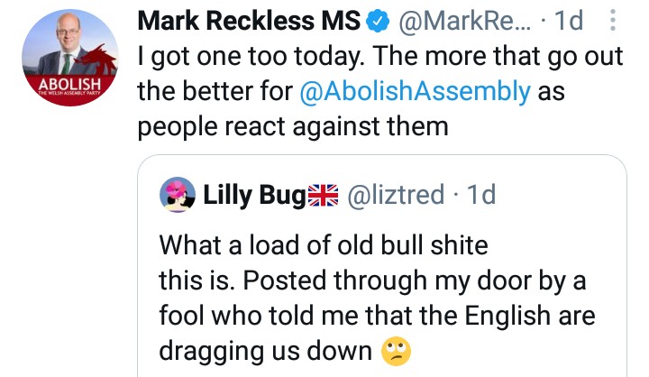 Yet the thoughts of this racist neo-Nazi are regularly peddled by Abolish candidates for  #Welshparliament including (no surprise) Mark Reckless. Is 'Lilly Bug' a nom de guerre for a member or candidate for the party?  #EnoughisEnough18/32