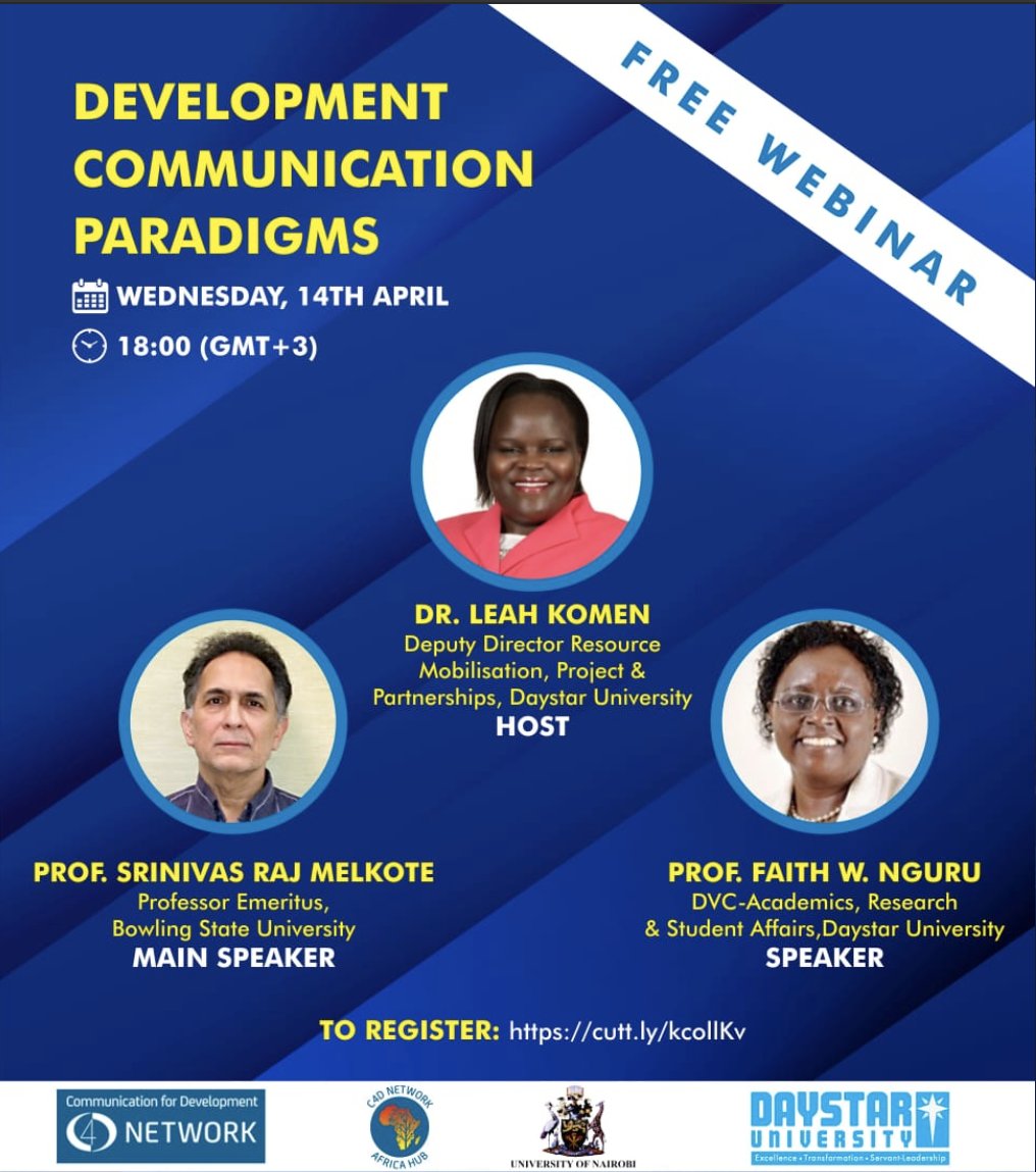 deewarira's tweet image. #DevComm community you&apos;re invited to this @DaystarUni webinar! Register here: tinyurl.com/3d2py7yf
#Data4Comms @YALIAlumniKe @YALIRLCEA @C4D_Network @uonbi @leahkomen1