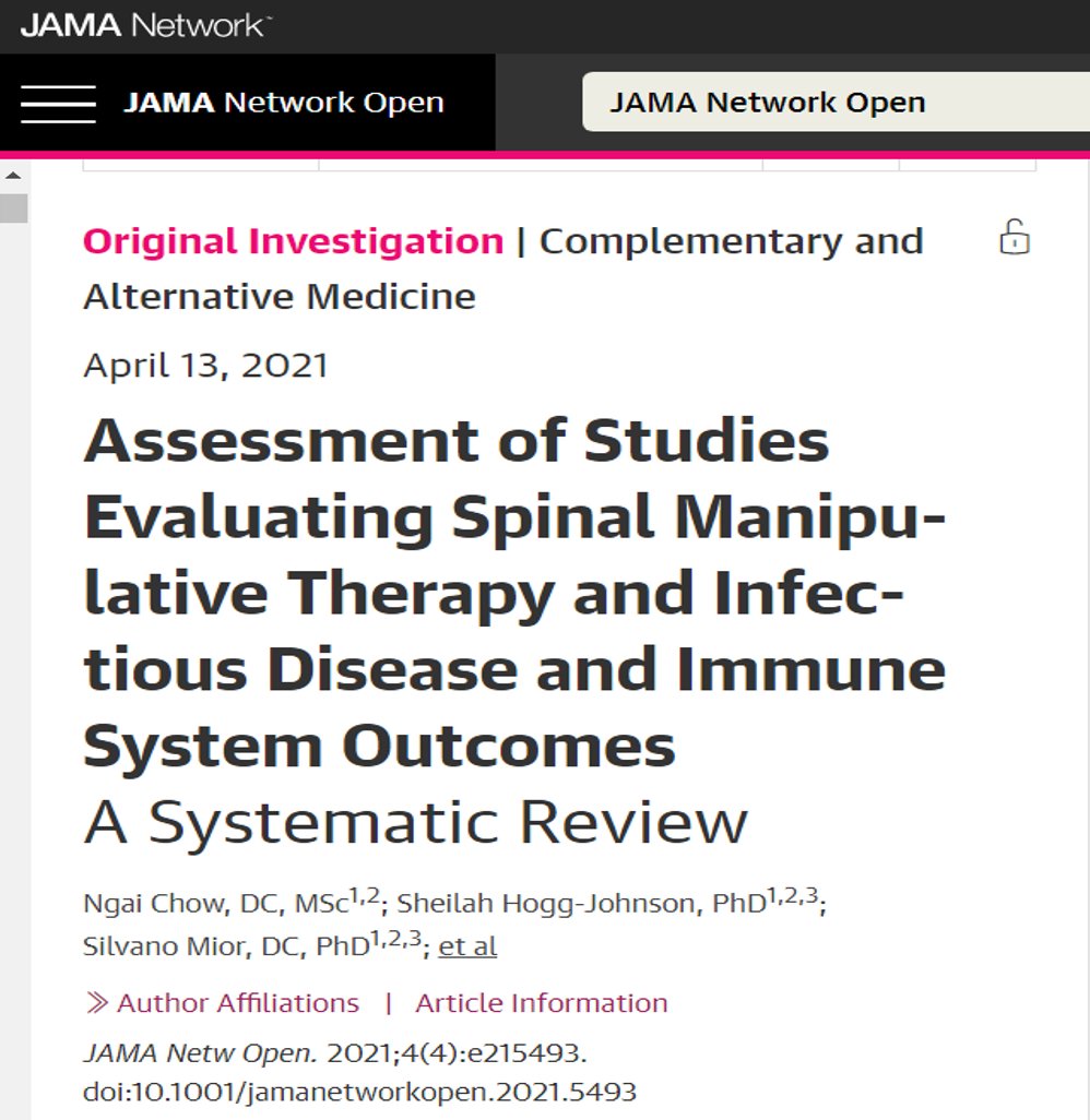IDRResearch's tweet image. Published today in *JAMA Network Open*: Chow N, Hogg-Johnson-S, Mior S [et al]. Assessment of studies evaluating spinal manipulative therapy and infectious disease and immune system outcomes. A systematic review. JAMA Netw Open. 2021;4(4):e215493.
jamanetwork.com/journals/jaman…