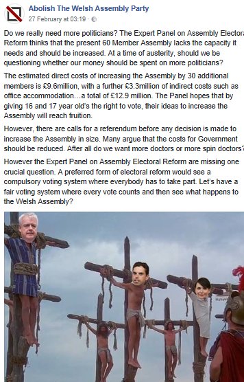 Violence, a staple of the far-right, excites Abolish members & supporters. The Party mocked up a sickening ISIS style crucifixion of  #Senedd members on It's Facebook site. What other political party has fun imagining their opponents murder?  #kinderpolitics  @WmPowell202121/32