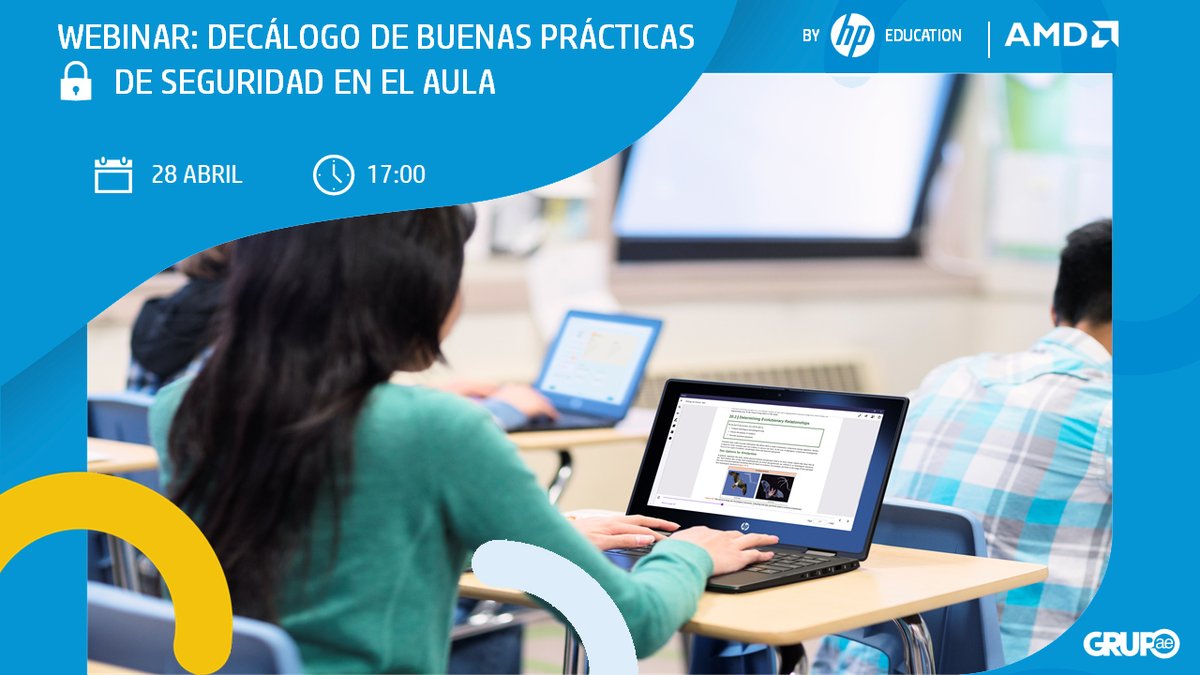 Os invitamos al webinar sobre Buenas Prácticas de Seguridad en el Aula. Un decálogo de recomendaciones para aprovechar la tecnología en entornos adecuados.
De la 🖐️de <a href="/HPEspana/">hpespana</a> y <a href="/AMD/">AMD</a> 
Con <a href="/crepresa/">Carlos Represa</a> y <a href="/LuisAlfonso_R/">Luis Alfonso Ruiz</a> 

🗓️ 28 de abril
⏰ 17h
👉 Regístrate bit.ly/3mHbFUg