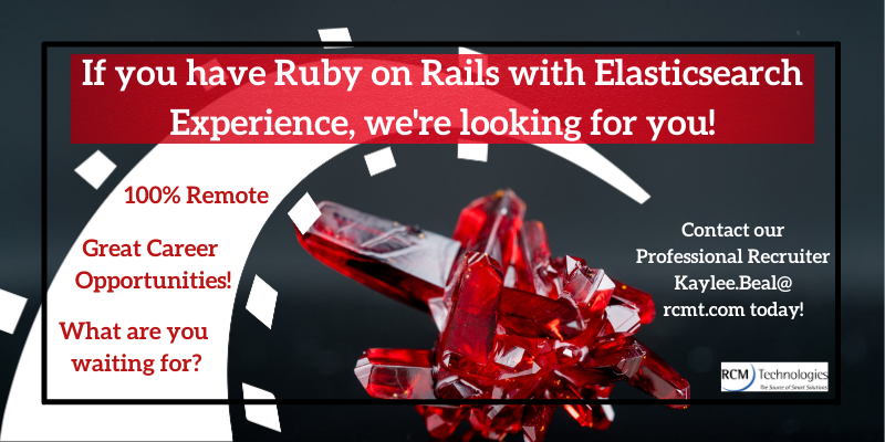 CatherineEvan12's tweet photo. #RCMTechnologies is looking for candidates who have experience with #RubyonRails and #Elasticsearch. Interested? Check out our jobs page or contact our recruiters directly! #RCM #jobseeker #techjobs #Remotejobs https://t.co/slBCKMwfHs https://t.co/upwmgxeqTq
