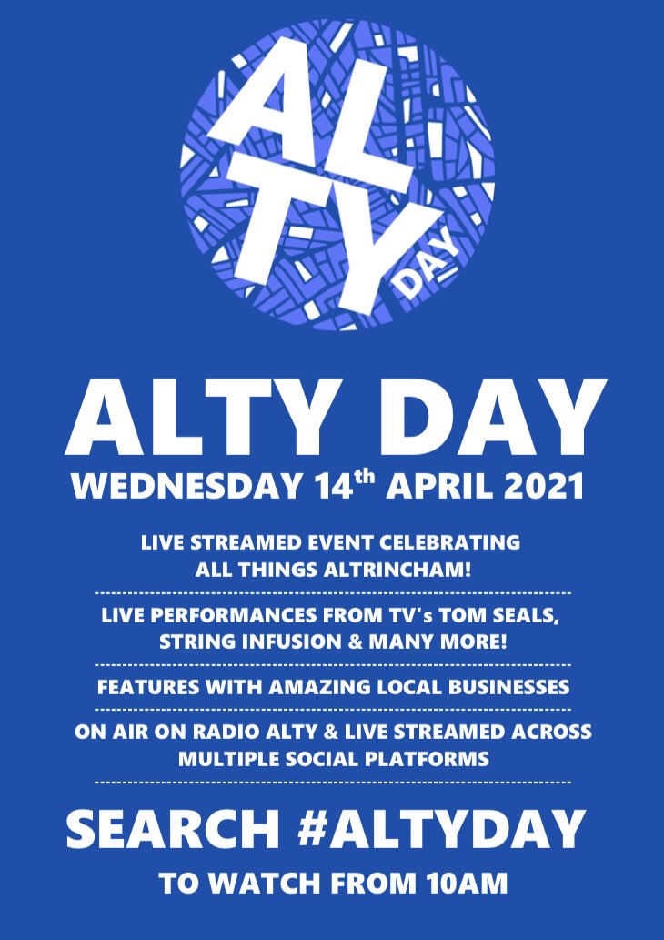 maxeden_'s tweet photo. Tomorrow from 10am, You can watch the #altyday livestream from any of the following FB pages:
@altrinchamtoday
@altrinchamhq
@HaleAltyLife
@promotetrafford
@RadioAlty
@HaleBarnsEvents
@AltrinchamBID
@stringinfusion
@AltrinchamG
@Bowdonburyfest
#Altrincham https://t.co/KoXd6PK0CW