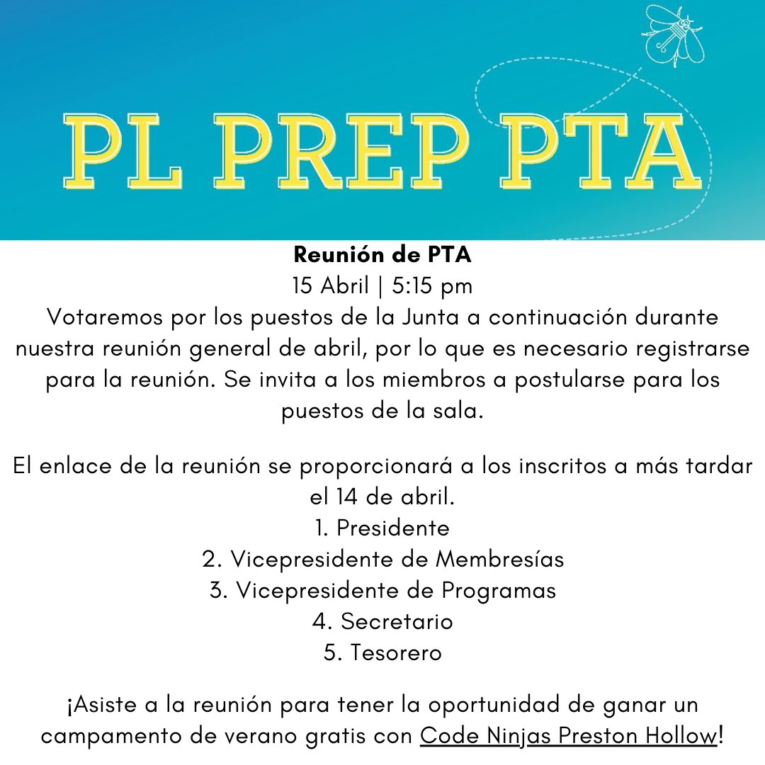 PLPrepPTA's tweet image. Friendly reminder: The PL Prep PTA Meeting is this Thursday April 15th. Please register for meeting via
bit.ly/PLPrepPTAMtg