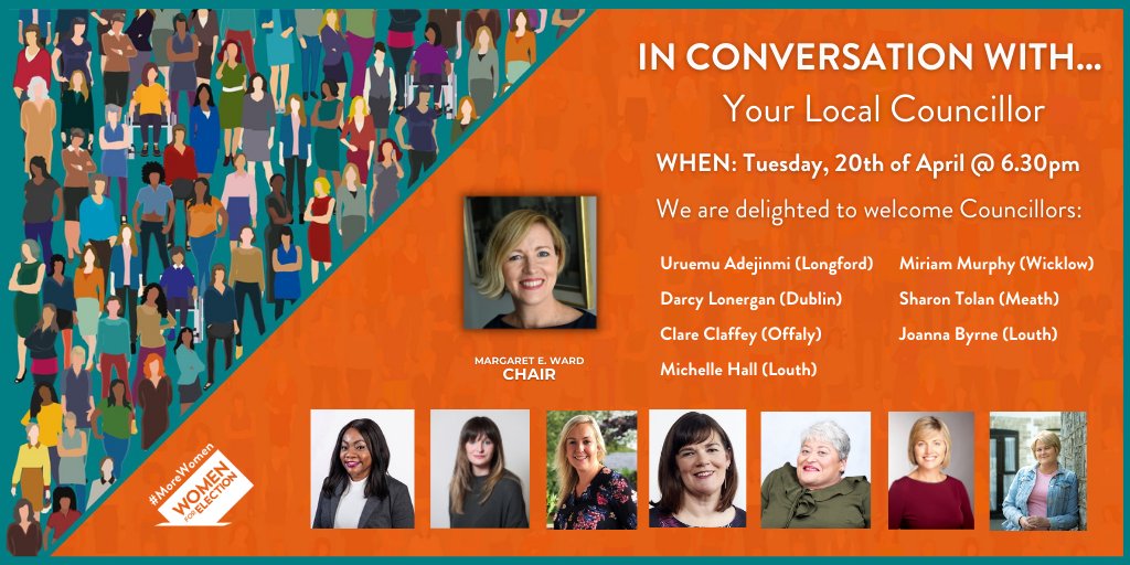 Why did you run for election? What has been your proudest achievement? Why do we need #MoreWomen in Local Government? 

@MargaretEWard will put these questions (&amp; more) to seven women Councillors from across Ireland next Tues at 6.30pm.

Join us! us02web.zoom.us/webinar/regist…
