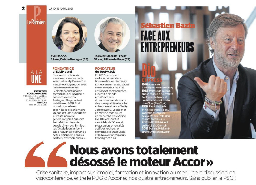 Merci <a href="/LeParisien_Eco/">Le Parisien | économie</a> <a href="/Virgink/">S3negal</a> et Sebastien Bazin <a href="/Accor/">Accor Group</a> pour ce bel échange. Un exercice de questions/réponses auquel <a href="/TeepyJob/">TeePy Job</a> et <a href="/roux_je/">Jean Emmanuel ROUX</a>, ainsi que 3 autres entrepreneurs, ont été invités.
➡️l.leparisien.fr/Alhf