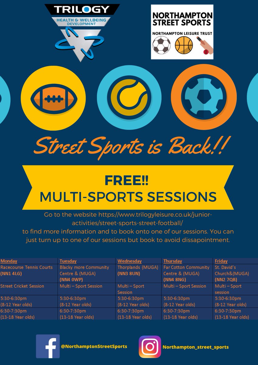 Street Sports is Back !!!
We cant wait to welcome you back, check out our sessions below and if you fancy taking part in some amazing session completely free of charge book on by contacting Aaron Lee on 07824461862 or aaron.lee@nltrust.org.uk.
Can't wait to see everyone back!!