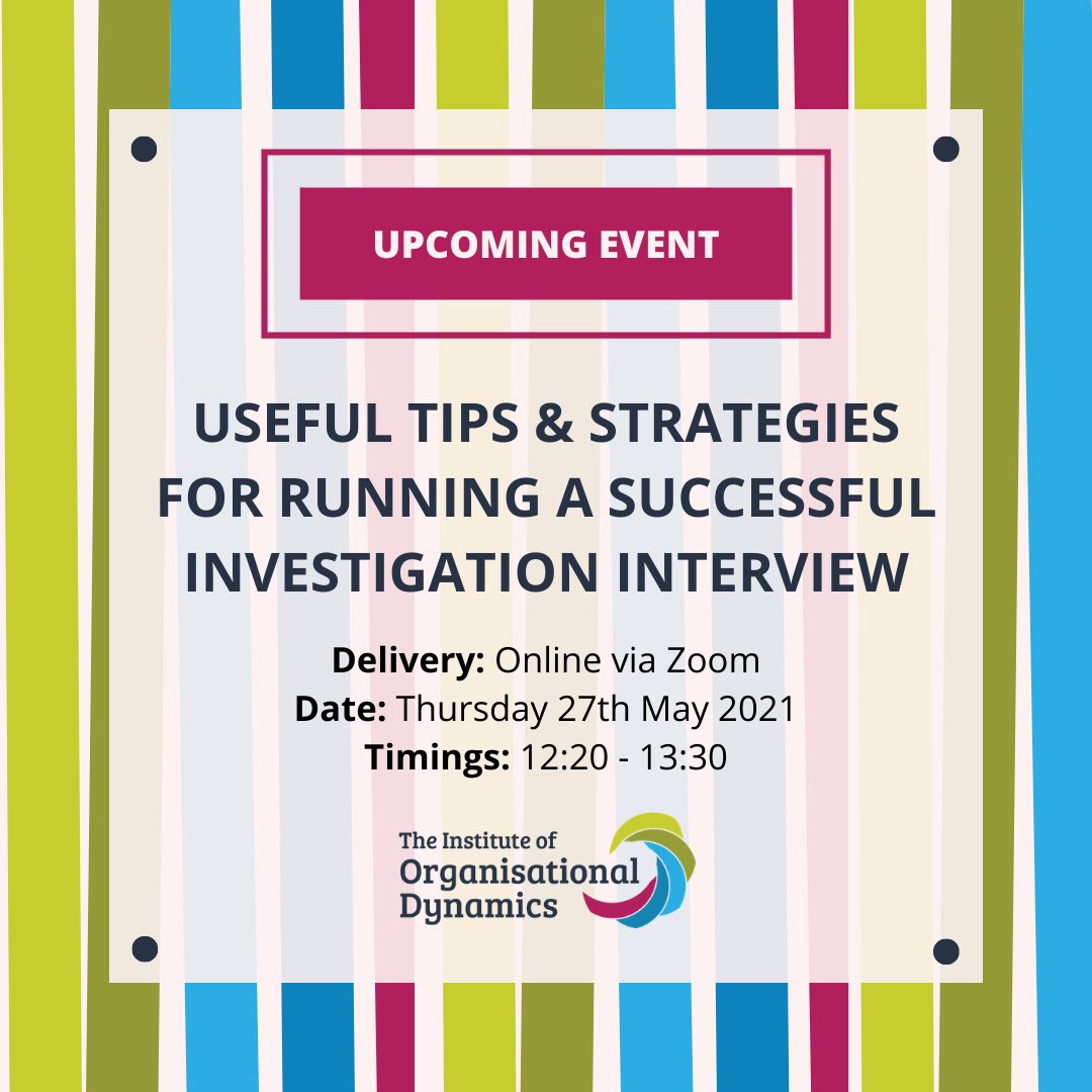 InstOrgDynamics's tweet photo. Join Gary Rogers and Dominic Human on Thursday 27th May 2021 as they explore useful tips and strategies for running a successful investigation interview. 
https://t.co/KPXfYP55I3
#transformationalculture #transformationalhr #transformationalleadership #organisationaldevelopment https://t.co/Sa6AQo1HuL