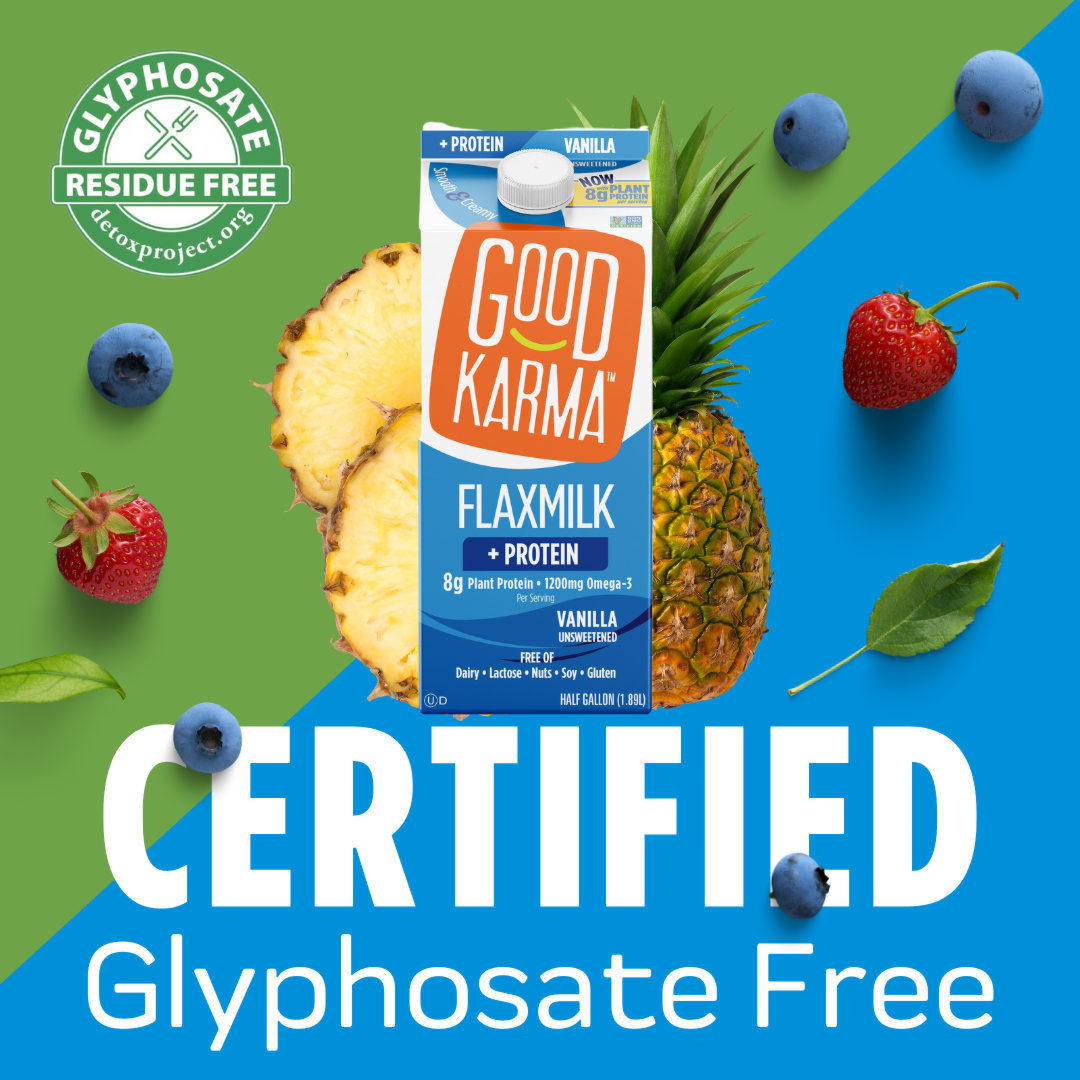 Excited to announce that Good Karma's Flaxmilks have officially received their Glyphosate Residue Free certification from @GlyphosateTest 🎖️Ingredient quality is of utmost importance to us and we're constantly striving to deliver the highest quality products to our customers!