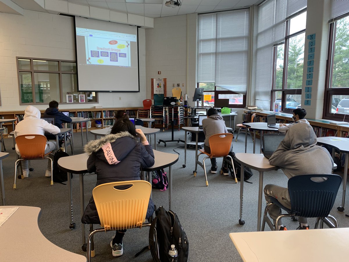 kilmerlibrary's tweet photo. A library full of kids makes sparks so much joy! Talking plagiarism and copyright infringement with Ms. Fox’s classes! Students working in groups at home and in-person! #ourkms https://t.co/dnOODJeKVE