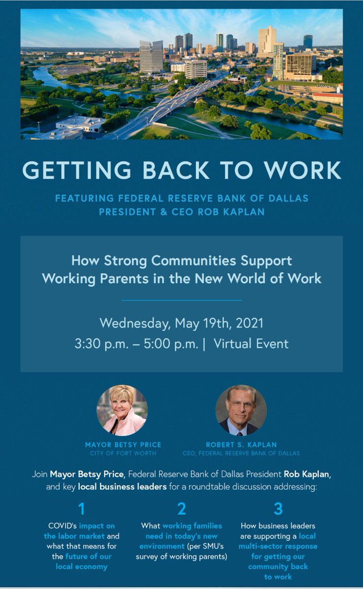 BestPlace4WP's tweet photo. Register Today! “Getting Back to Work” Featuring Dallas Fed CEO Rob Kaplan + Mayor Price | May 19th https://t.co/jf2oPhJNgS #community #innovation #workforce #solutions #familyfriendly https://t.co/4RYrC3NR5R