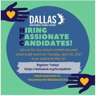 Next Tuesday, April 20, <a href="/DallasISD/">Sara P</a> will hold an Exclusive Hiring Event from 4pm to 6pm CST. Register at dallasisd.org/hcmjobfair to participate. And to learn more about this and other job opportunities, visit uta.edu/academics/scho… #teachUTA