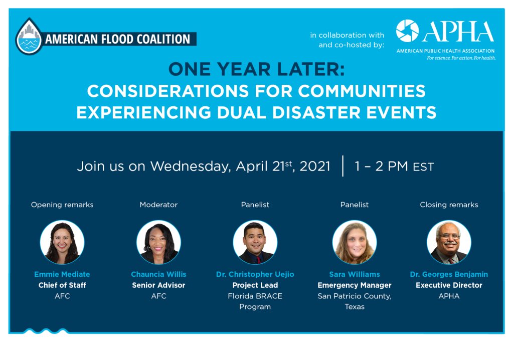 floodcoalition's tweet image. With researchers predicting another active #HurricaneSeason, we are cohosting a webinar with @PublicHealth that gives local leaders updated tips and tools to prepare for the #DualDisaster of flooding during COVID-19. Join us on 4/21: bit.ly/3uRVmah