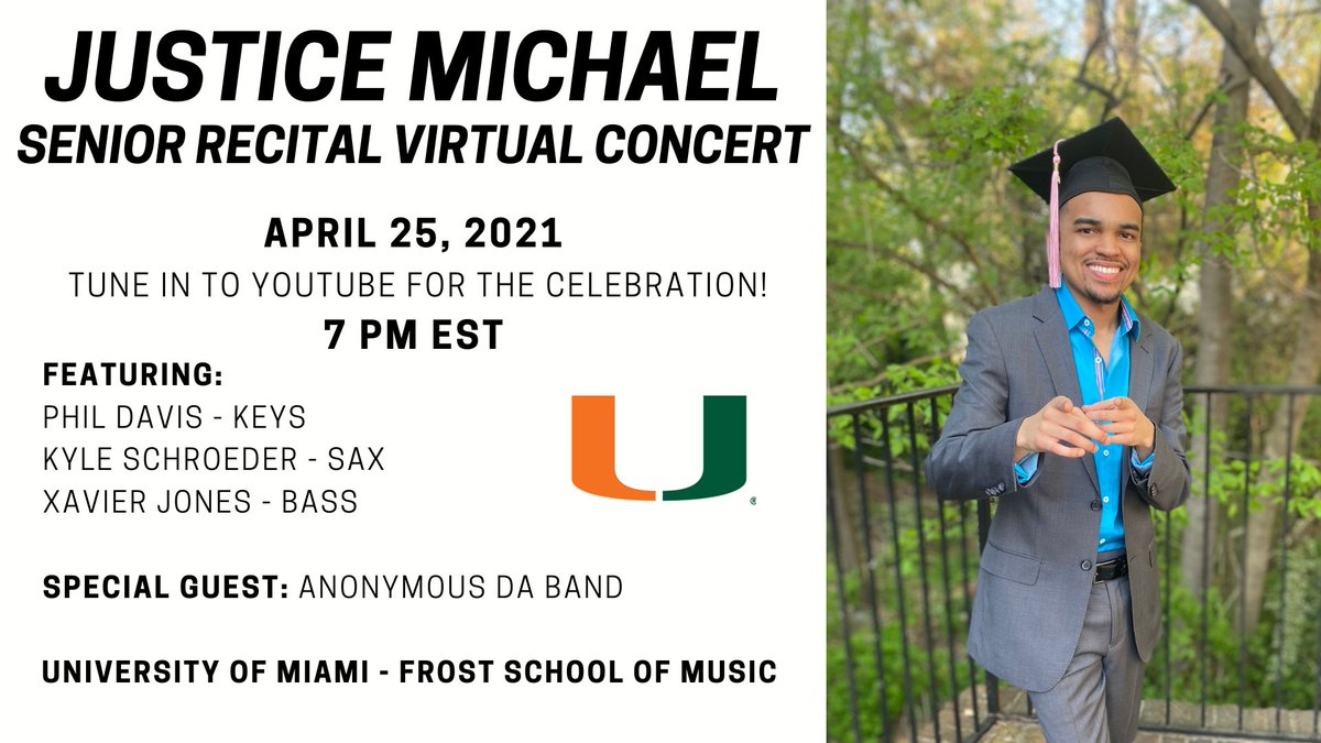 What’s up everybody! I’m excited to announce that my Senior Recital Virtual Concert will be coming to you soon. Save this post and mark your calendars April 25th, 7pm EST via YouTube! You don’t want to miss this! 👊🏽🎶
.⠀
#justicemmusic #universityofmiami #frostschoolofmusic