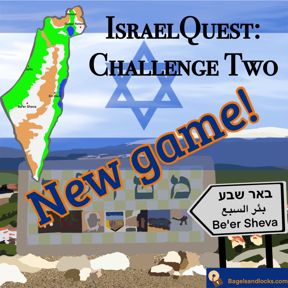 BagelsLocks's tweet photo. **NEW GAME AVAILABLE!**

IsraelQuest: Challenge Two is HERE!

Continue the adventure you began in IsraelQuest: Challenge One with this 5-clue game!

More details at https://t.co/wvAzPls2xB https://t.co/MUn3oTzyIj