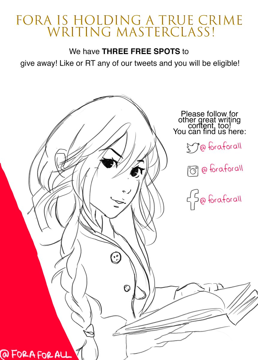 foraforall's tweet image. Hey #truecrime fans! we have THREE FREE spots to give away in this Saturday's True Crime Writing Masterclass. Like or RT any of our tweets this week and you'll be eligible!

#WritingCommunity #promo #writing #writingprocess #writingprompt #GiveawayAlert #writersoftwitter