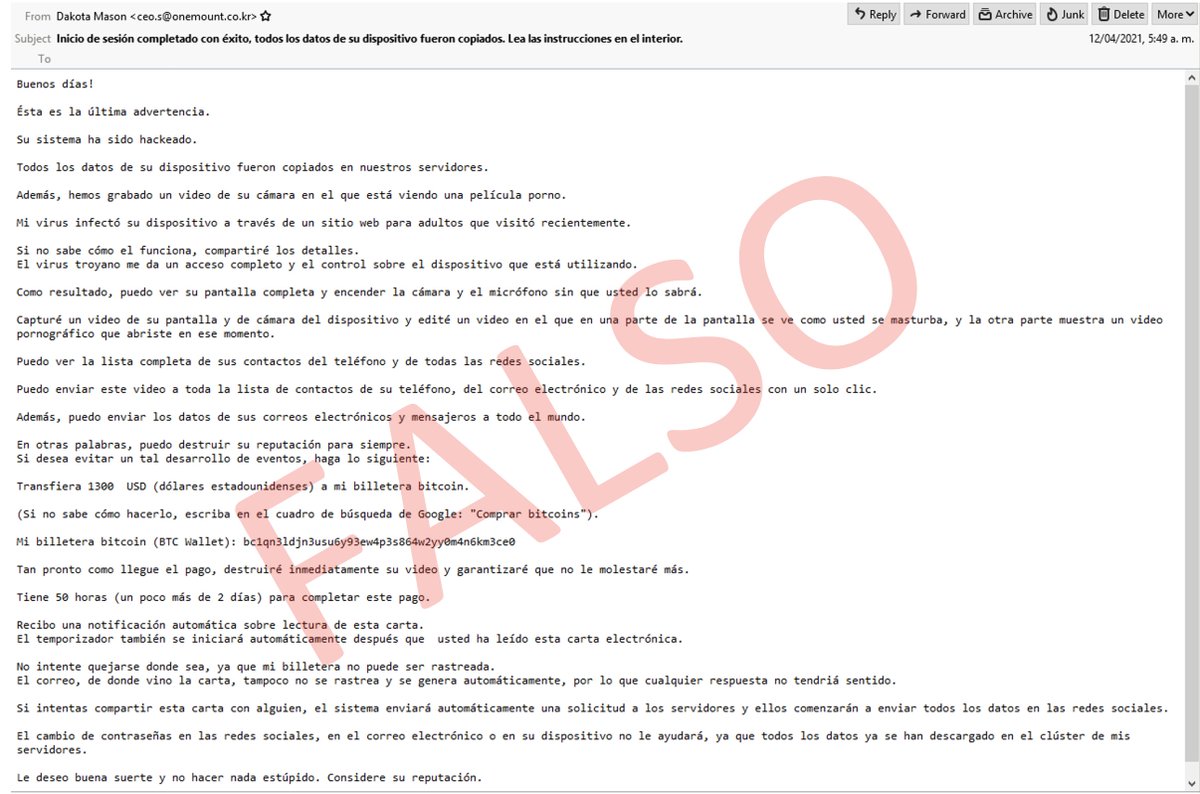 colCERT's tweet photo. ¡Alerta! correo fraudulento "Inicio de sesión completado con éxito, todos los datos de su dispositivo fueron copiados..." está siendo enviado para extorsionar un supuesto ¡sistema hackeado! ¡esto es FALSO!, no se deje engañar ¡se recomienda eliminarlo! @CaiVirtual @mindefensa https://t.co/5qrsH4Alxi