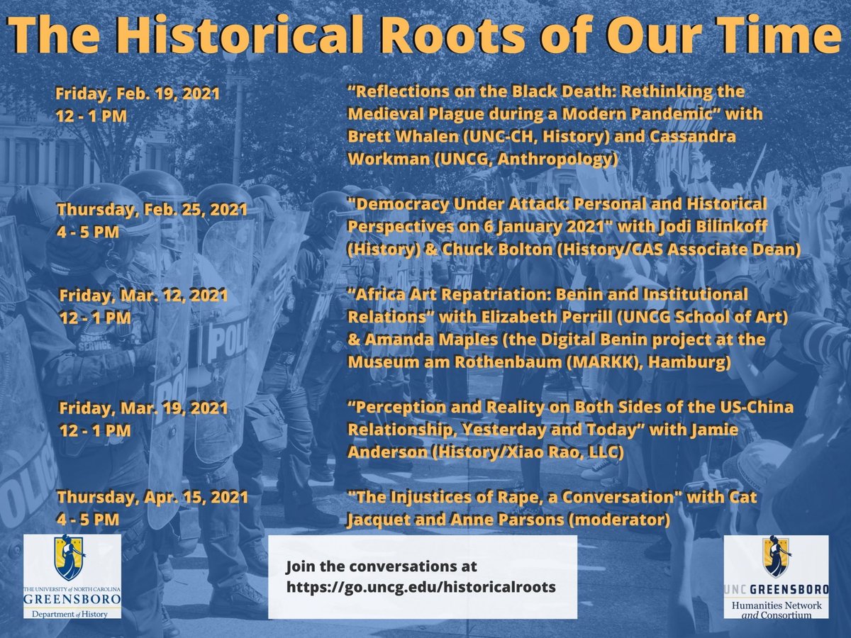 (Warning: Sensitive/ triggering topic) 
Join “The Historical Roots of Our Time Series: The Injustices of Rape: A Conversation" with speakers, Dr. Cat Jacquet and Dr. Anne Parsons! 
April 15, 2021, 4pm- 5pm. Virtual (via Zoom) click the link below:
 go.uncg.edu/historicalroots