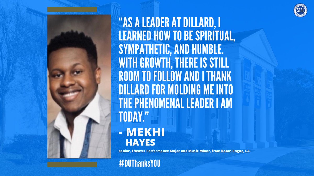 Dillard University Student Engagement & Leadership (@du_seal) on Twitter photo Mekhi Hayes is a Senior, Theater Performance Arts major and Music minor from Baton Rouge, LA. He is the founder of The Experience Drama Ministry and Vice President of the <a href="/EASigmas/">Epsilon Alpha Sigmas</a>.
Thank you Mekhi for all that you have contributed to the campus of DU! #DUThanksYOU Mekhi Hayes is a Senior, Theater Performance Arts major and Music minor from Baton Rouge, LA. He is the founder of The Experience Drama Ministry and Vice President of the <a href="/EASigmas/">Epsilon Alpha Sigmas</a>.
Thank you Mekhi for all that you have contributed to the campus of DU! #DUThanksYOU