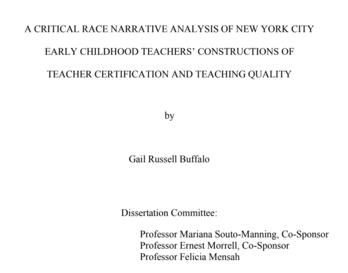 soutomanning's tweet photo. Thrilled to celebrate @gailbuffalo, who brilliantly defended her dissertation, A CRITICAL RACE NARRATIVE ANALYSIS OF NYC
EARLY CHILDHOOD TEACHERS’ CONSTRUCTIONS OF TEACHER CERTIFICATION &amp; TEACHING QUALITY @TeachersCollege today! Such powerful and consequential work!🥂#proudfemtor https://t.co/eUjqhAQOsX