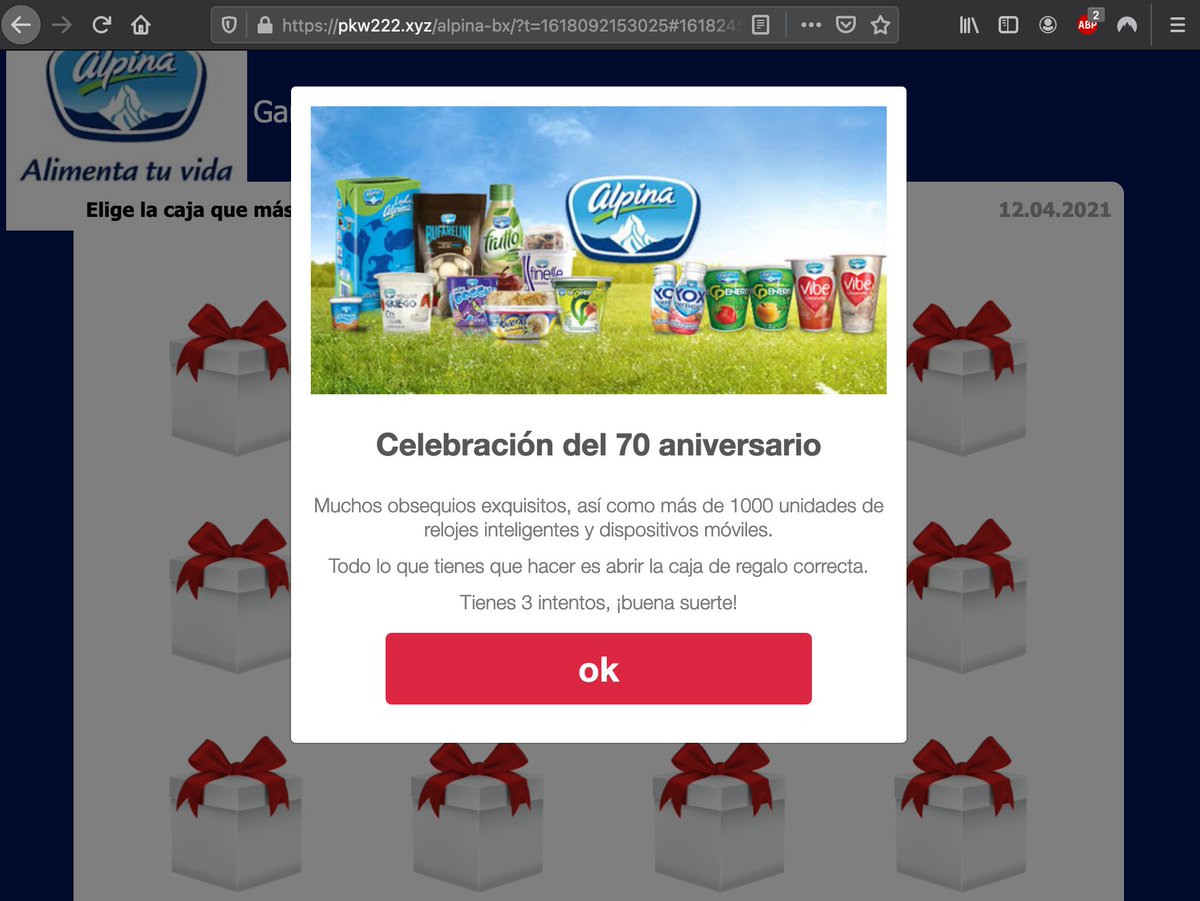 mindefensa's tweet photo. ¡Alerta! ¡cuidado! #phishing campaña fraudulenta a través de #WhatsApp "Celebración del 70 aniversario" suplantando a la empresa @Alpina esta siendo utilizada para robar datos personales, recomendamos eliminar el mensaje y no reenviarlo #rompamoslacadena 
Vía @colCERT https://t.co/lRa5en5kIN
