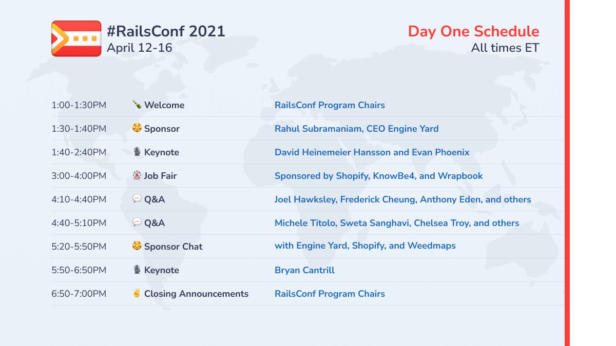 railsconf's tweet image. We're gearing up for an incredible day of #RailsConf2021 filled with Q&As, talks, Keynotes, and Job Fair! See you on Discord!