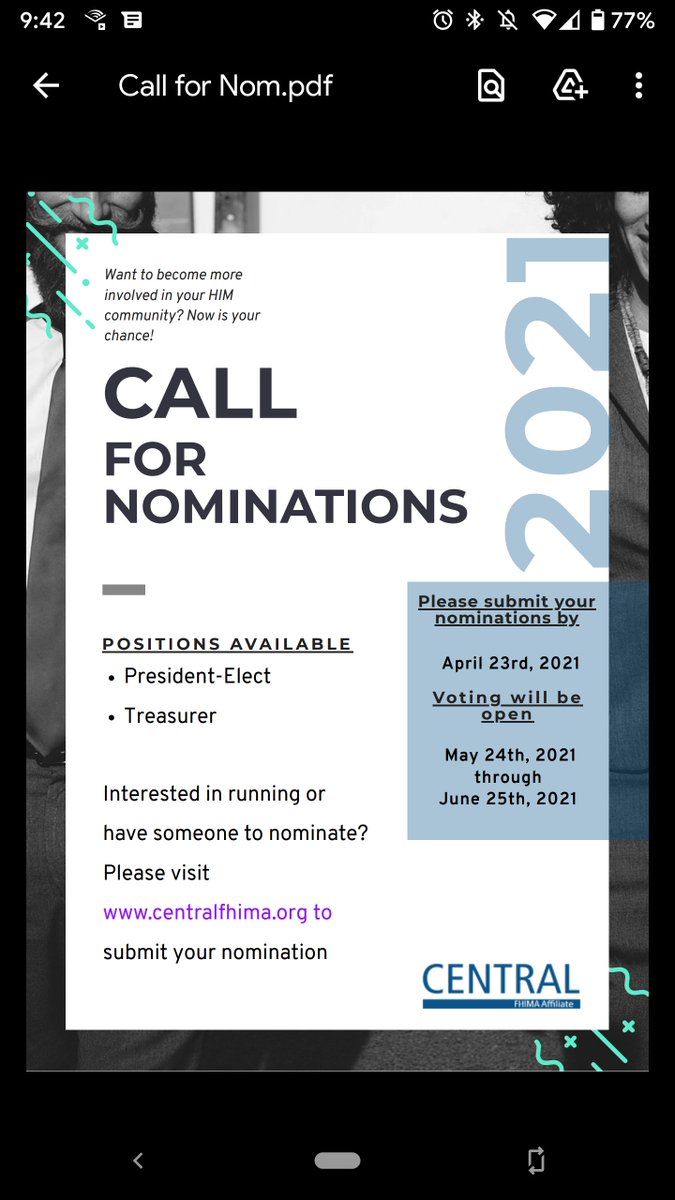 Call for nominations! If your looking for a great way to get involved in your local HIM community this is it! If your interested visit centralfhima.org for more information.
