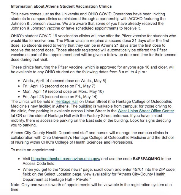 Colebehr_report's tweet photo. IN THE INBOX: OU COVID operations will proceed with vaccinating students, but with the two dose Pfizer instead of single-dose J&amp;J, which the FDA, CDC paused use for.

"Students need to verify that they can be in Athens 21 days after the first dose to receive the second dose. https://t.co/UgLXq8yJBR