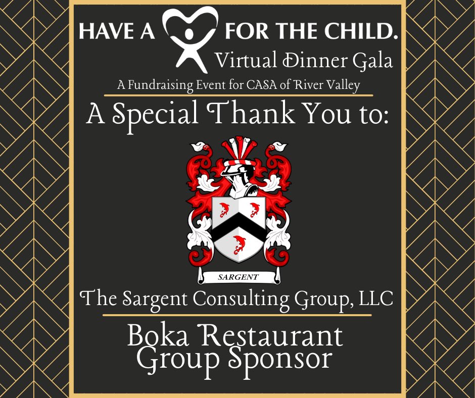 CASARiverValley's tweet photo. Thank you to The Sargent Consulting Group, LLC for being our Boka Restaurant Group Sponsor for our “Have a Heart For The Child” Virtual Dinner Gala https://t.co/KMVRV73iLE