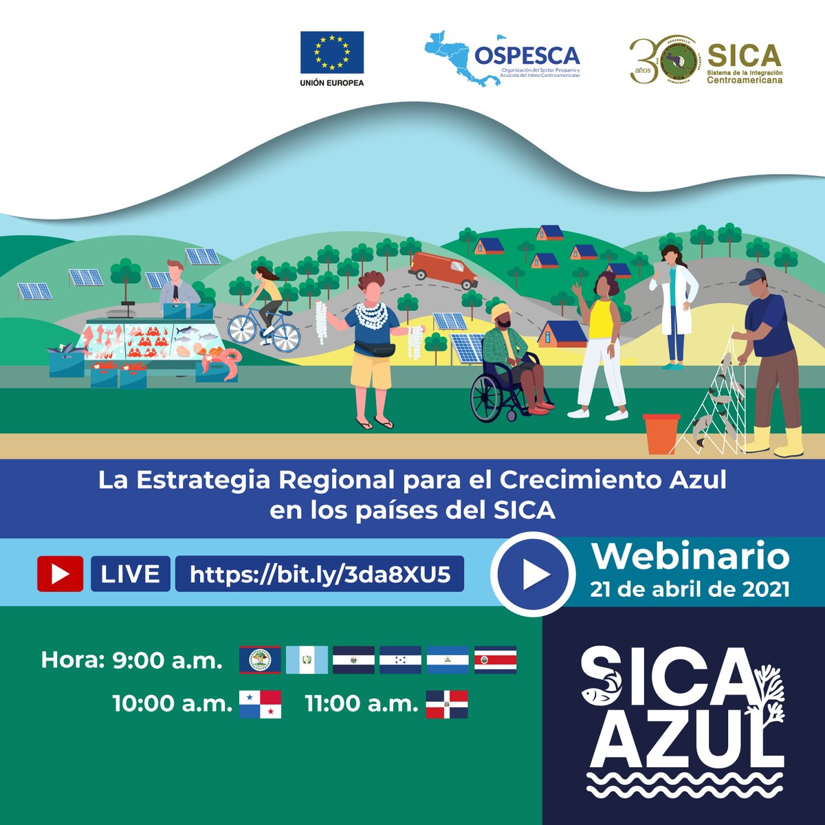📲 Acompáñanos en el lanzamiento de la Estrategia Regional para el #CrecimientoAzul, instrumento que nos guiará a convertirnos en una región #SICAAZUL
🗓️21 de abril de 2021
Registro: bit.ly/3da8XU5 
🕰️9 a.m. 🇧🇿🇨🇷🇸🇻🇬🇹🇭🇳🇳🇮 /10 a.m.🇵🇦 / 11 a.m.🇩🇴
#TrabajamosJuntos