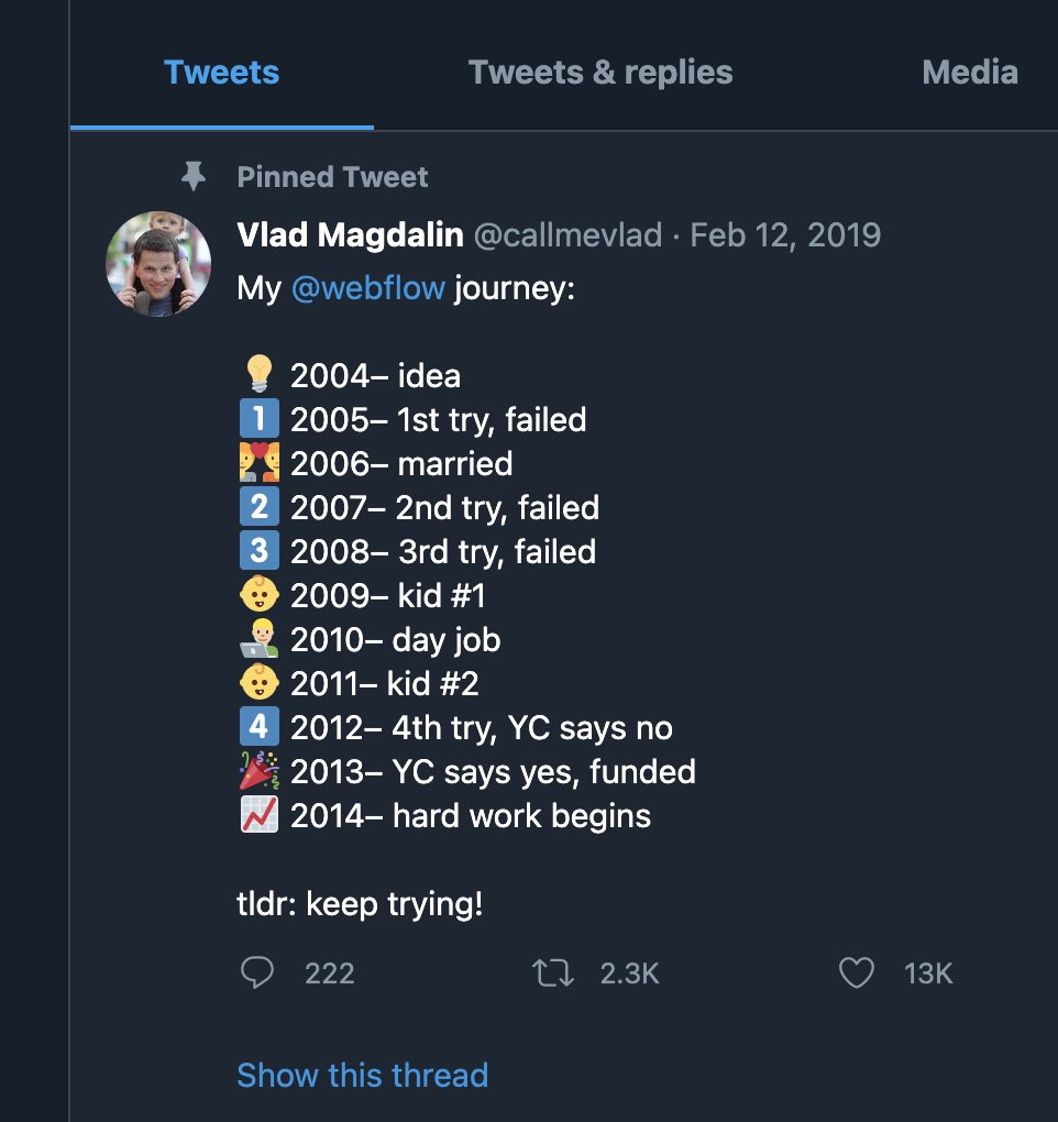 Webflow dates back over 17 years.  @callmevlad had tried & failed to build the company three times before this latest attempt. His fourth try pushed him to the brink:- Pulled money out of his 401k- Sold two cars & moved to leases- $60K+ dollars in personal credit card debt