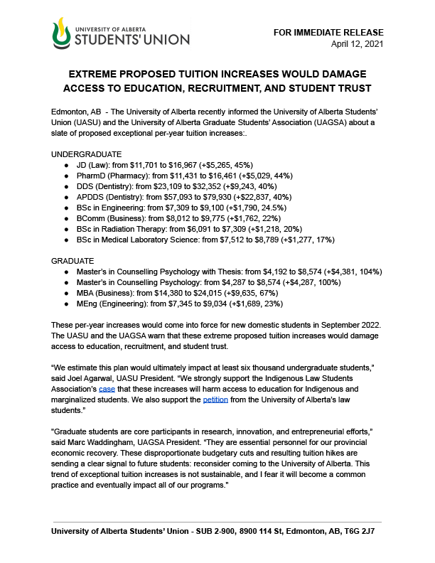UASUualberta's tweet photo. (2/2) Please read our full press release below.

Against these increases? Share your thoughts with us in the replies, contact your faculty directly, or sign this student petition that will be sent to the Faculty of Law: https://t.co/y132ksia9C https://t.co/FJ4Vm4vf4k