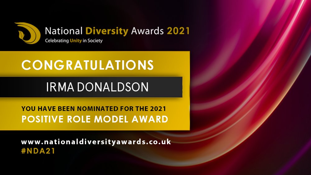 ndawards's tweet image. Congratulations to Irma Donaldson @IrmaDonaldson19 who has been nominated for the Positive Role Model (Race, Faith and Religion) Award at The National Diversity Awards 2021. To vote please visit nationaldiversityawards.co.uk/nominate #NDA21 #Nominate #VotingNowOpen