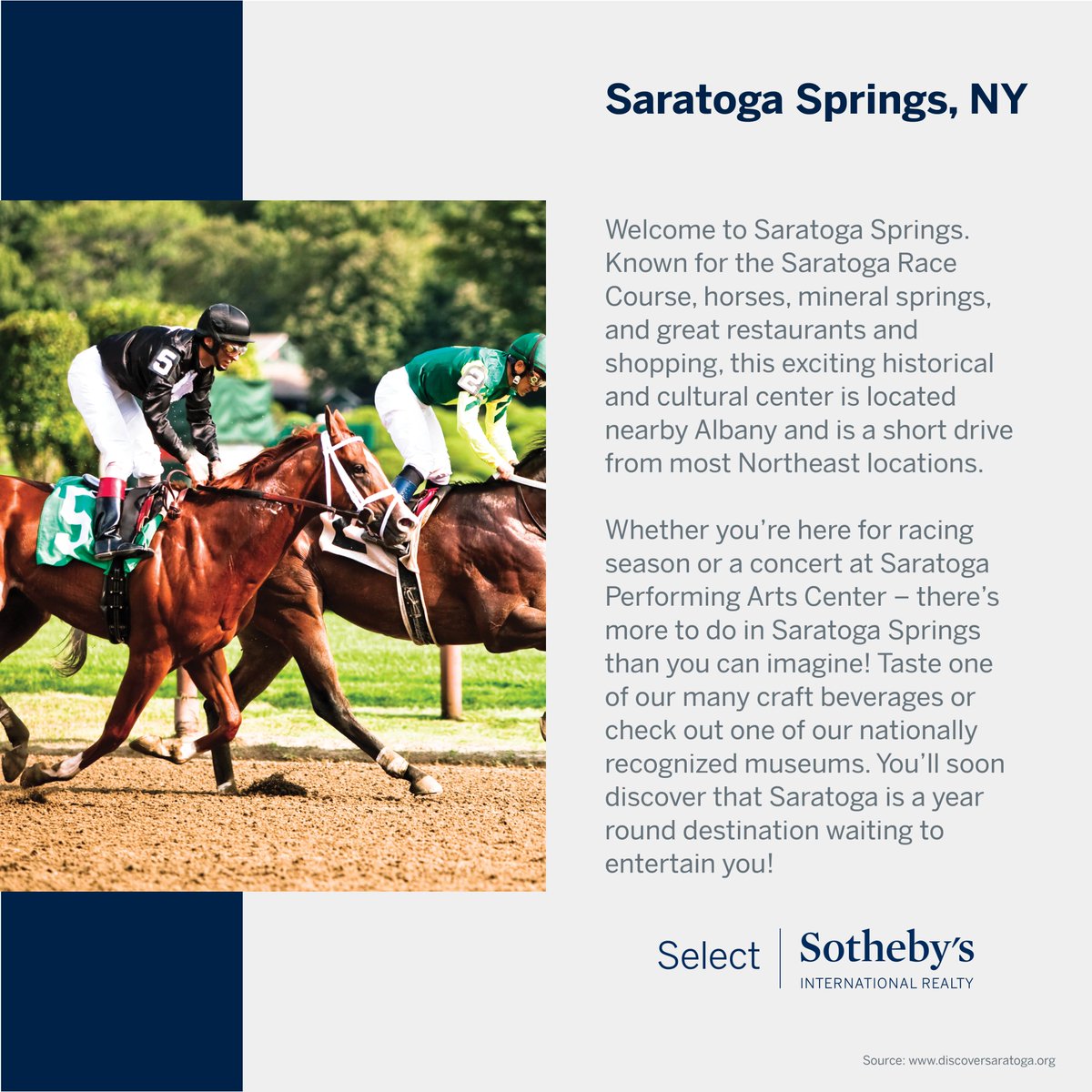 select_sir's tweet image. Introducing city spotlight, a new series highlighting towns and cities that we cover. The first spotlight is Saratoga Springs, NY. What other cities would you like to learn about?
Info Credit: discoversaratoga.org
#sothebysrealty #realestate #realestateagent #upstateny