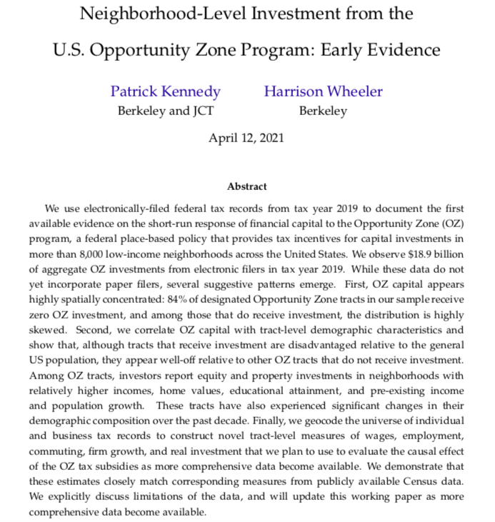 New working paper with my co-author <a href="/hbwheel/">Harry Wheeler</a> w/ first available evidence from tax records on Opportunity Zones:
 
-   How responsive are investors?
-   Which neighborhoods receive investment?
-   New tract-level panels based on IRS microdata
 
&gt;&gt; thread