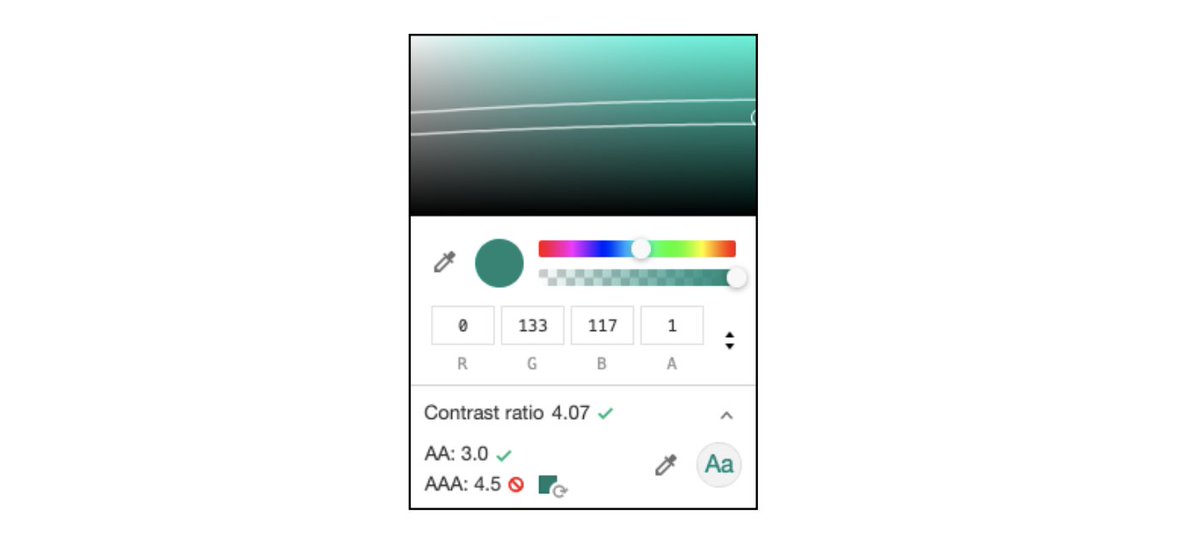 SylwiaVargas's tweet image. TIL: Chrome color picker includes info on the contrast ratio! Also, the two white lines in the top window indicate accessible colors given the background and text size.
I took notes of the talk by @therealboone on #a11y here:
dev.to/sylwiavargas/t…
#RailsConf2021