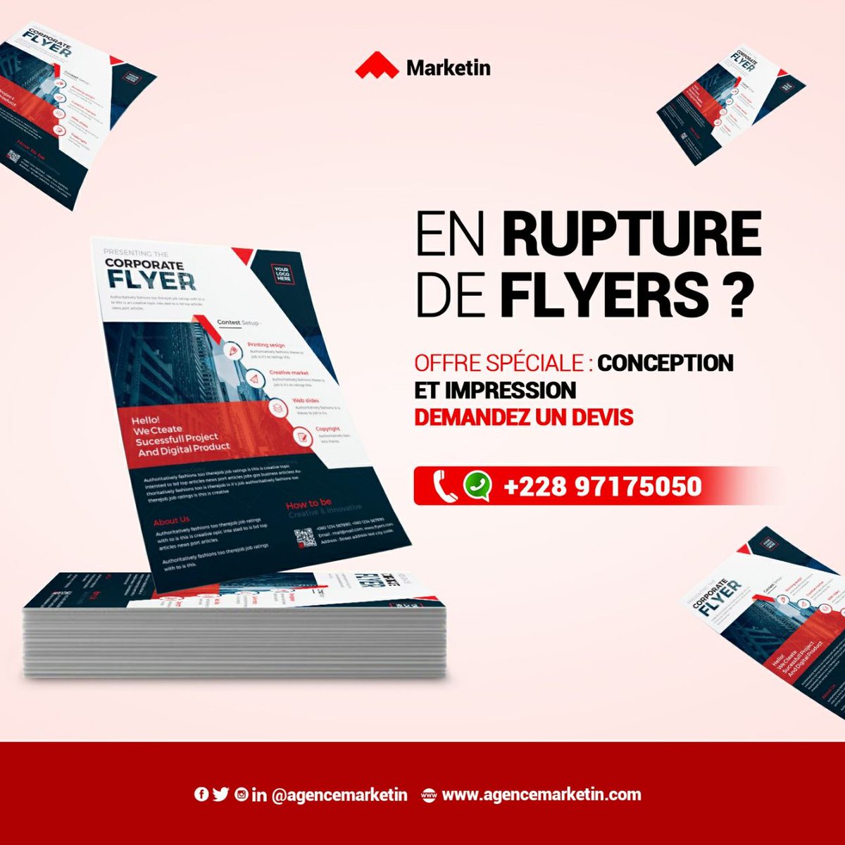 agenceMarketIn's tweet photo. Le flyer ou tract publicitaire ou encore prospectus, est un support publicitaire en feuille de papier imprimé, généralement de format A5.

Il donne un condensé d'informations avec un fond attractif. Il est distribué lors d'une campagne de prospection, au cours des foires. ⤵️😊 https://t.co/CxmQhvSyNG
