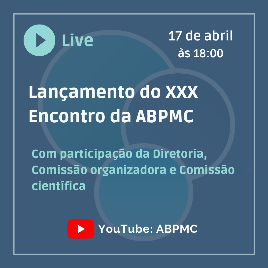 Lançamento Oficial do XXX Encontro da ABPMC.

Serão divulgados valores, convidados confirmados e grade preliminar de atividades.
Quando: 17/04 às 18:00 

Onde: Youtube da ABPMC youtube.com/user/ABPMCBras…
Com a Comissão Organizadora e Comissão Científica. Mediação Pedro Quaresma.