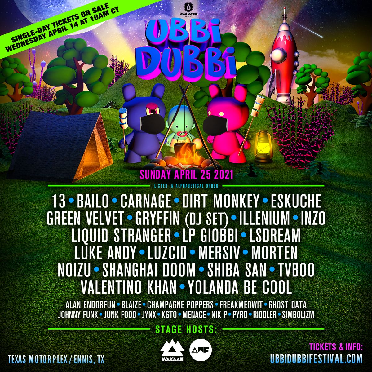 UbbidubbiFest's tweet photo. Nubbi: OKUBAY GUYS! The Saturday and Sunday lineups are here! Tubbi told me single day tickets will be on sale tomorrow, Wednesday, at 10am CT. Better get ready cuz he says tickets are going to go FAST. 🎟 https://t.co/ideVaqQ7E6 https://t.co/UU5NV0RhgK