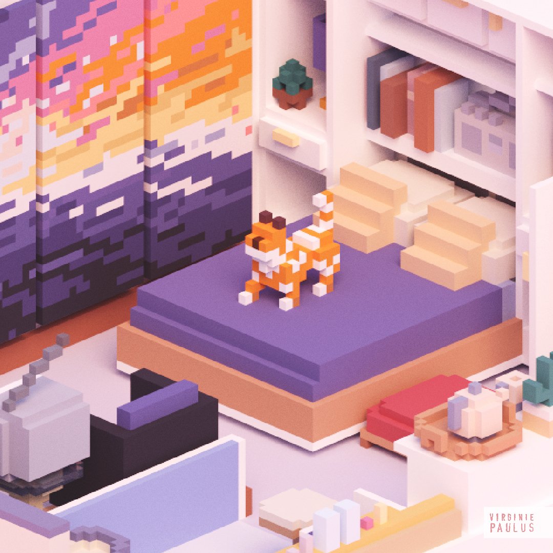 New Flamingo motel room, with a Murphy bed and the usual 80s vibes 😎
Take a slice of pizza and relax

#voxel #magicavoxel #lowpoly #interiordesigner #80s #videogame #retro