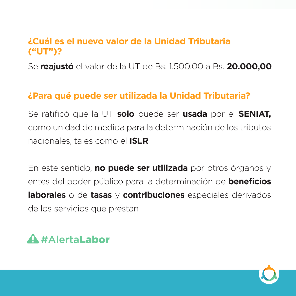 LaborGG's tweet photo. #AlertaLabor: Reajuste de la UT a Bs. 20.000,00.

El mismo comenzó a surtir efecto desde el pasado 06 de abril de 2021.

Recuerde actualizar su planilla AR-1 de los trabajadores. https://t.co/NXaIdAuYpK