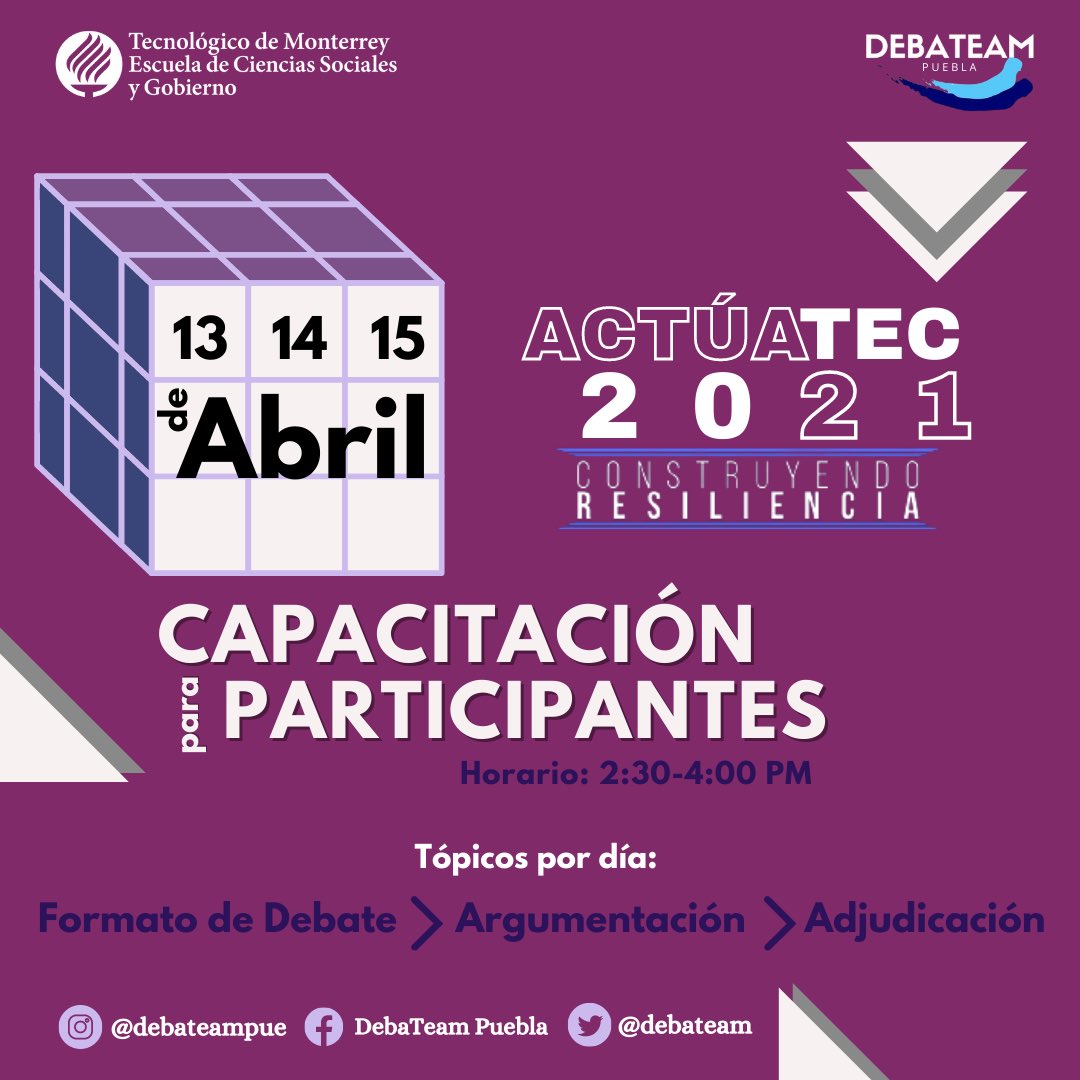 debateam's tweet photo. ¡El día llego! ⏰Te compartimos los horarios y ligas de acceso para la capacitación 💻 de debatientes.

#ActúaTec #DebaTeam #Capacitación #TecPue https://t.co/R5f79j6koB