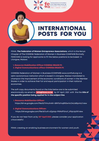 WeAreFEWA's tweet photo. We are looking for 2 professionals to fill in the below-mentioned positions.
Click on the links for more details on how to apply: 1.Resource Mobilization Officer https://t.co/I2W6kMvhTW
2. Digital Communications Officer: https://t.co/32v4j8Qkxe
@_Comfwb  @JoanneMwangi @Rjwachira https://t.co/Ogi6Wo8cFU