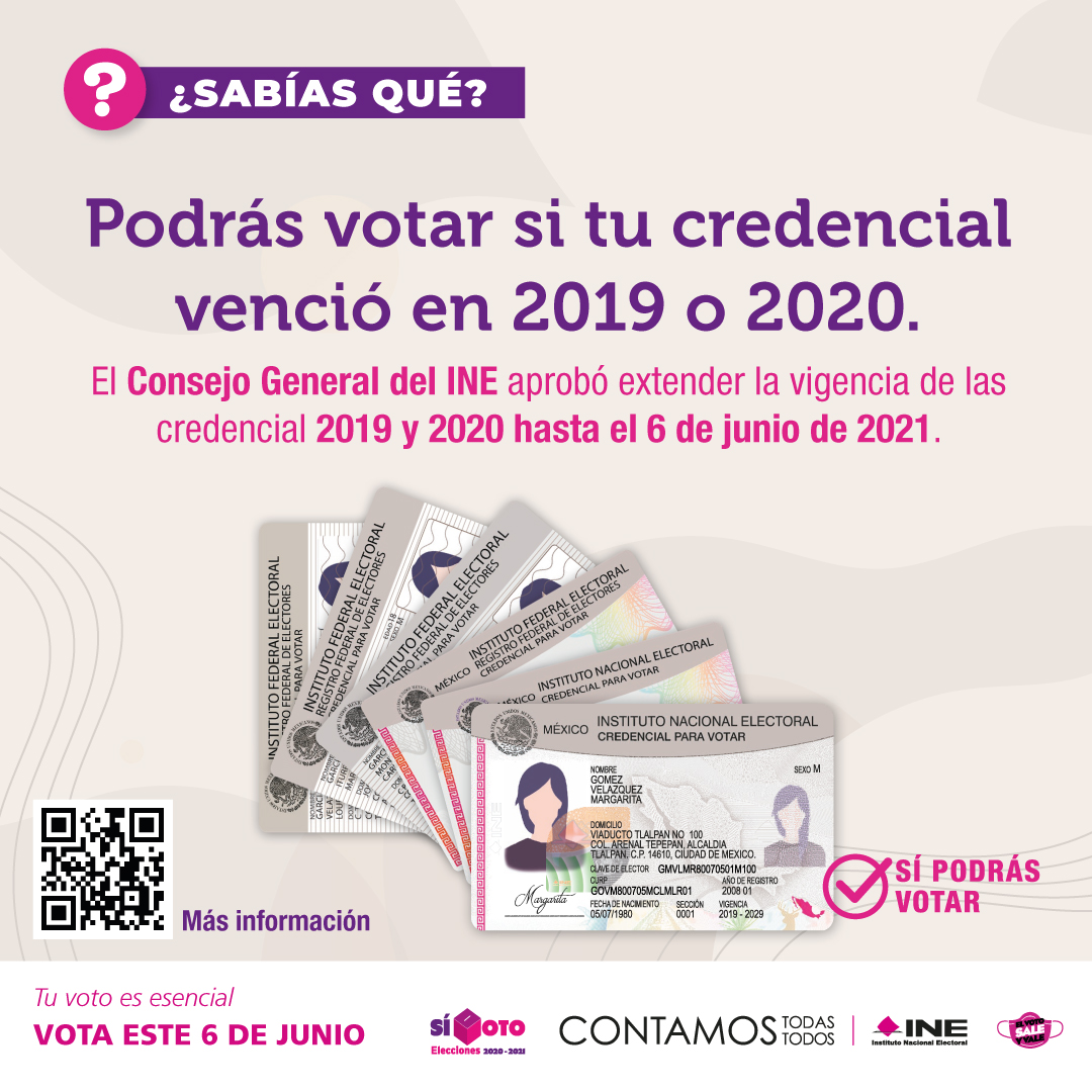 INEtelMX's tweet photo. Si tu credencial tiene vigencia 2019 y 2020 podrás votar en las elecciones más grandes de la historia este 6 de junio. Consulta la publicación en el #DOF  https://t.co/Fk0NJRibD6. #Elecciones2021 #ElVotoSaleyVale #SiVoto2021 https://t.co/JiOvDhpc39
