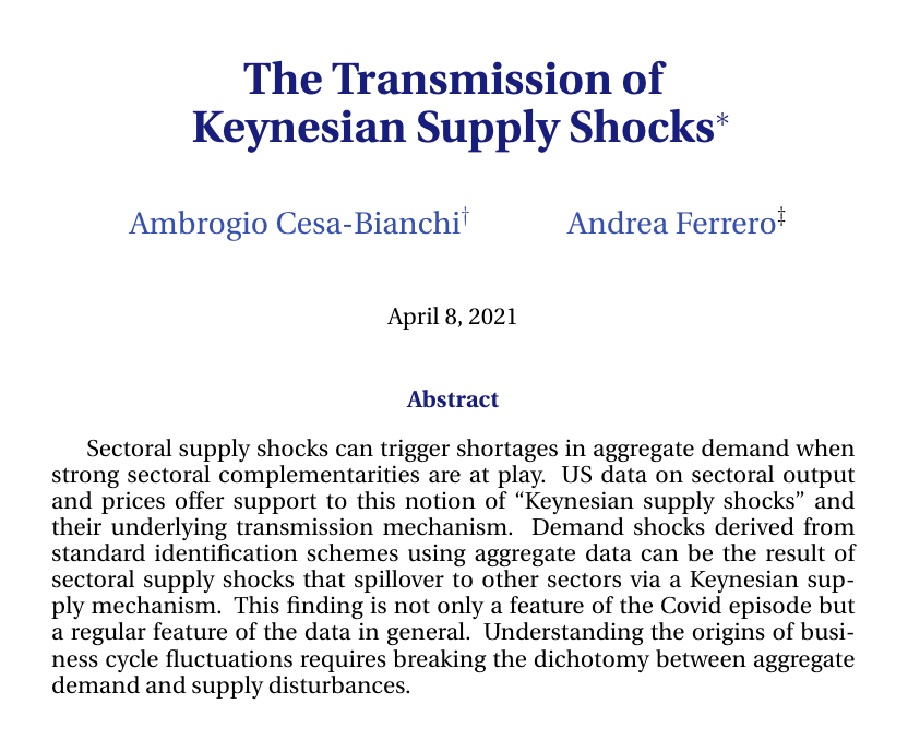 Ambrogio Cesa-Bianchi gives a presentation of his paper “The Transmission of Keynesian Supply Shocks” at #RES2021 session “Macroeconomics: Supply Shocks” (13:45-15:15)
drive.google.com/open?id=1wl1BM…