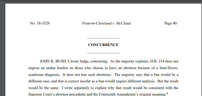 Judge Bush concurs, because what we really need is more men writing on this topic.He says even if the law banned some abortions pre viability, it would be constitutional.