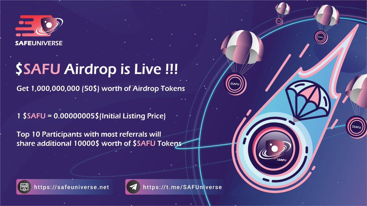 CryptoTownEU's tweet image. 🚀 Airdrop: Safe Universe (SAFU)
💰Value: 1,000,000,000 SAFU(50$)
👥 Referral: 10,000,000 SAFU
⏰ 2 minutes

Go to the Airdrop Page: forms.gle/sy8SJcEcnKHbpq…

📖 Step-by-step guide:
🔹️ Do some social tasks

#Airdrops #giveaway #Airdrop #Crypto
