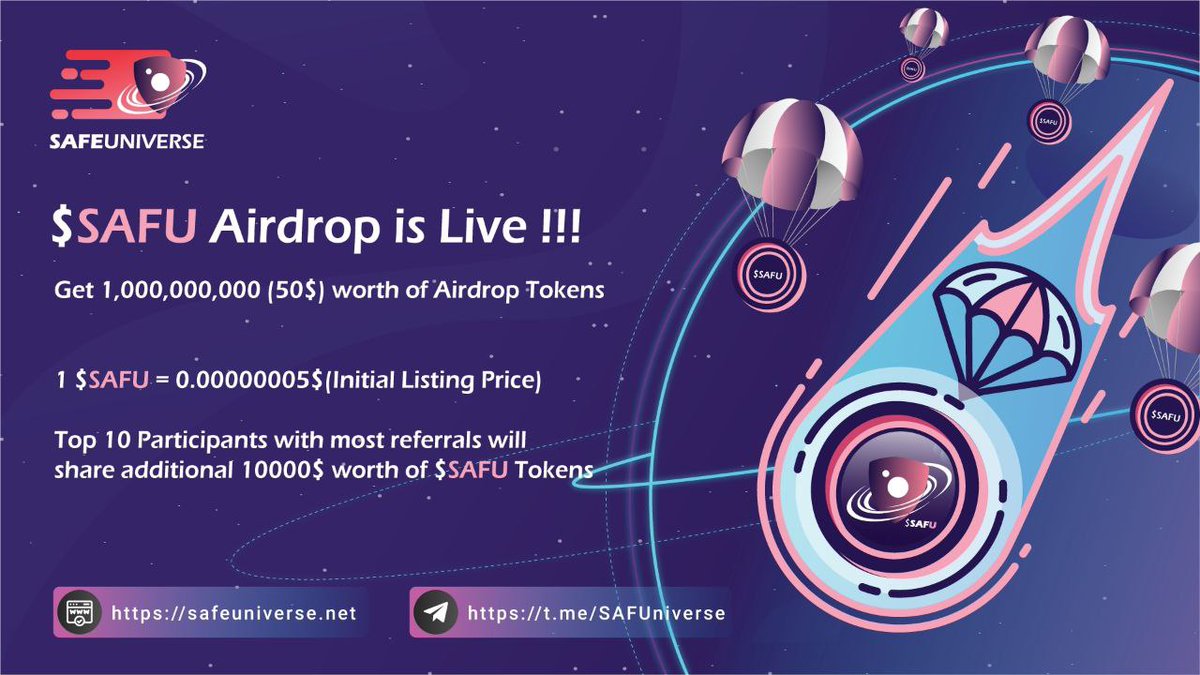 🚀 Airdrop: Safe Universe (SAFU) 💰Value: 1,000,000,000 SAFU(50$) 👥 Referral: 10,000,000 SAFU ⏰ 2 minutes Go to the Airdrop Page: forms.gle/sy8SJcEcnKHbpq… 📖 Step-by-step guide: 🔹️ Do some social tasks #Airdrops #giveaway #Airdrop #Crypto