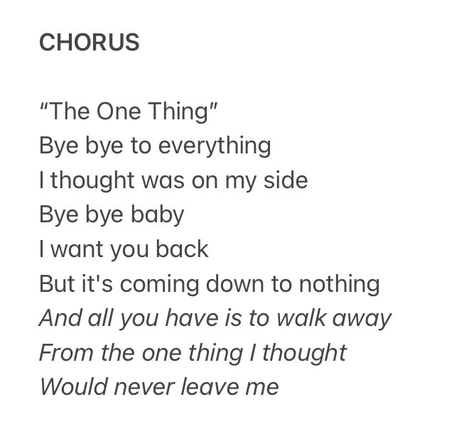 and now finally let’s talk about the devastating chorus. in the “bbb” version, Taylor sings how she only got “sympathy” from Sc*tt. in “the one thing” version, she says “i want you back”. but taylor doesn’t want Sc*tt back anymore, hence the lyric change