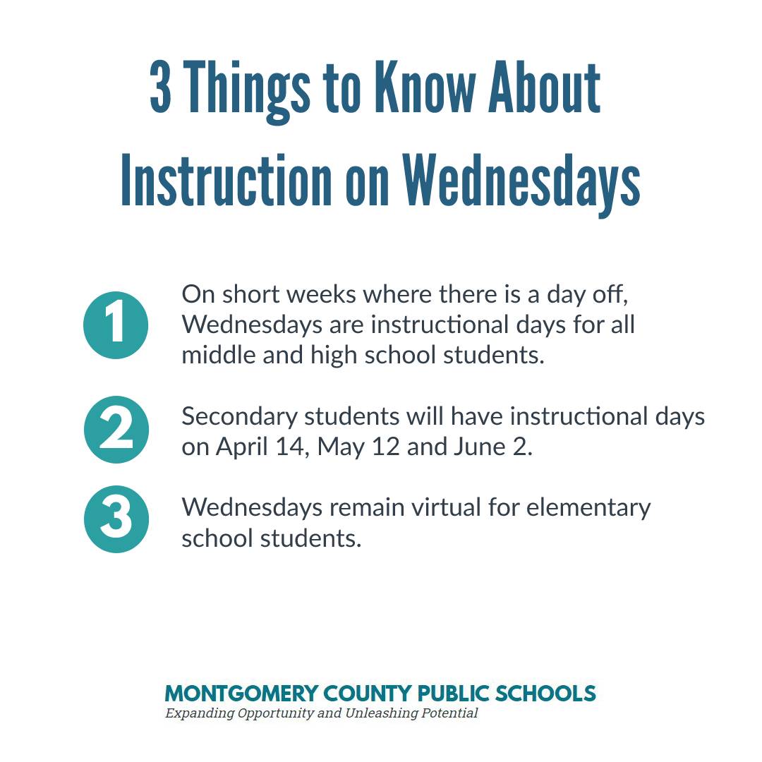 MCPS's tweet image. Reminder: If you have students in middle school or high school, April 14, May 12 and June 2 will be regular instructional days.
